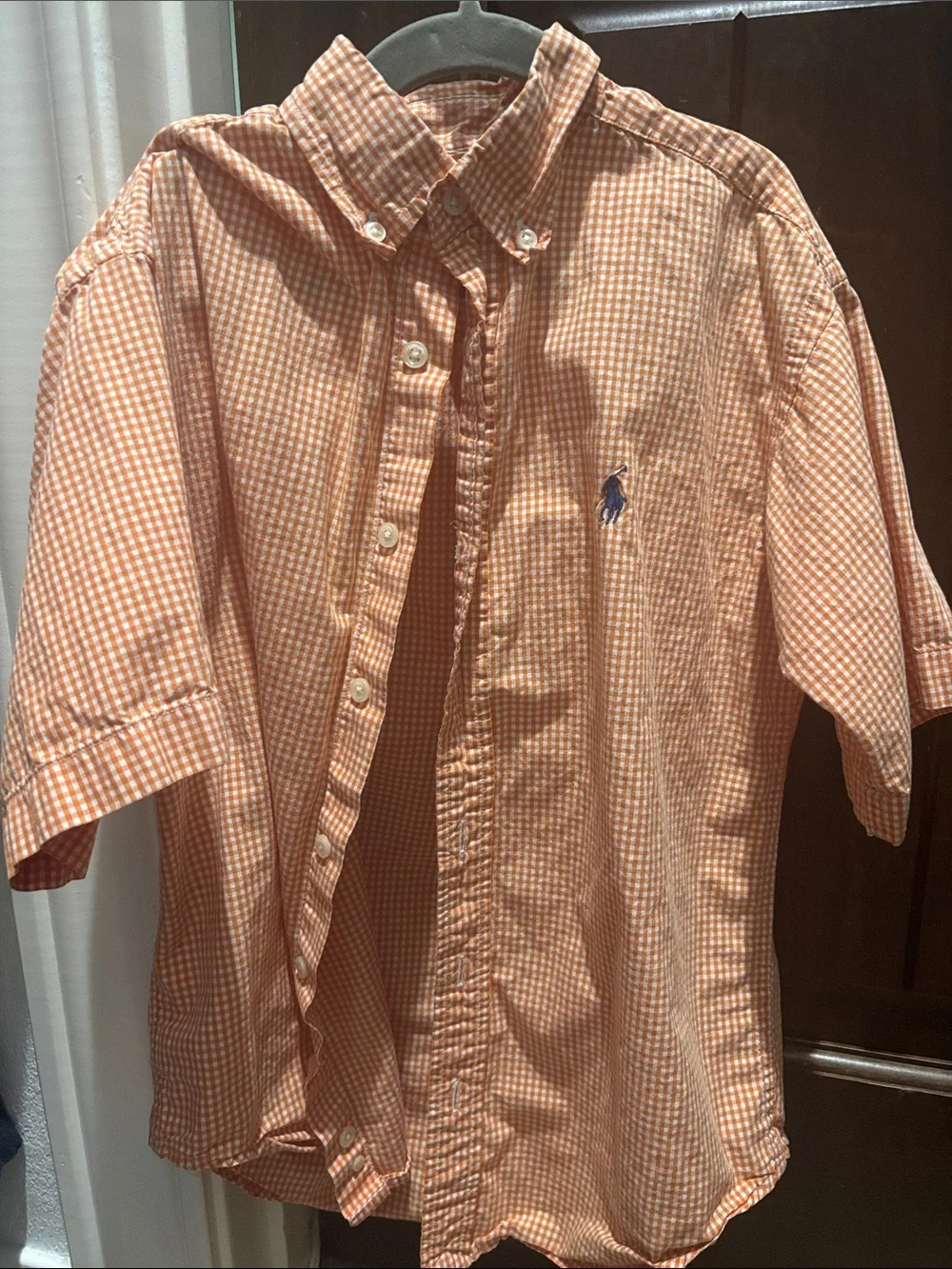 Ralph Lauren Orange Gingham Short-Sleeve Button-Down with Navy Pony